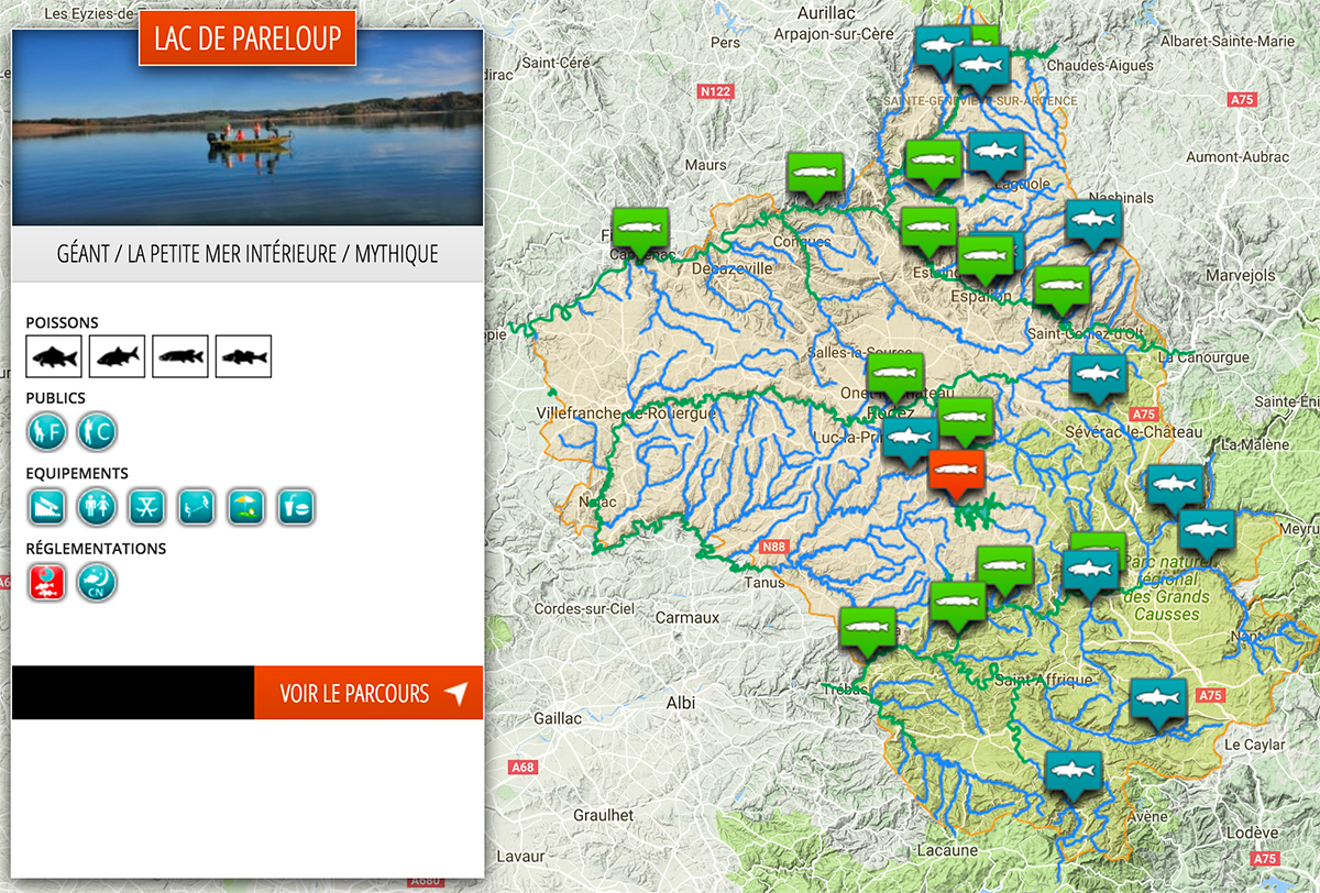 Carte interactive des parcours pêche en Aveyron